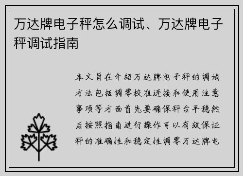 万达牌电子秤怎么调试、万达牌电子秤调试指南